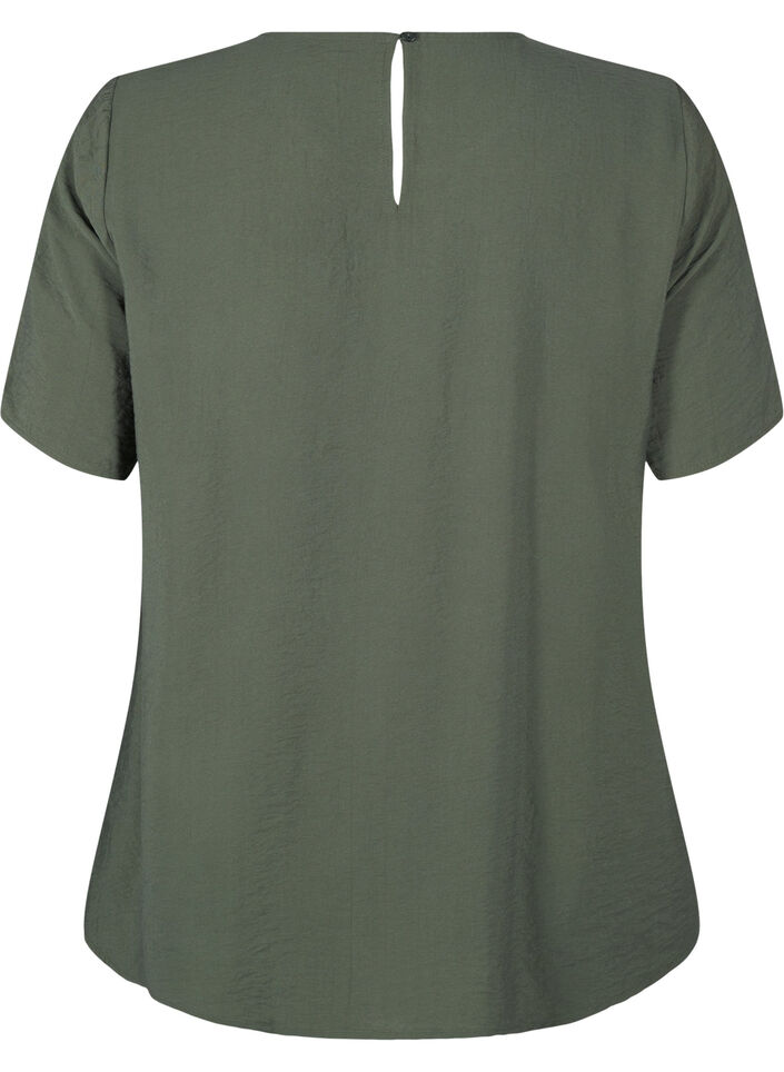 Kortærmet viskosebluse med blondedetalje, Thyme, Packshot image number 1