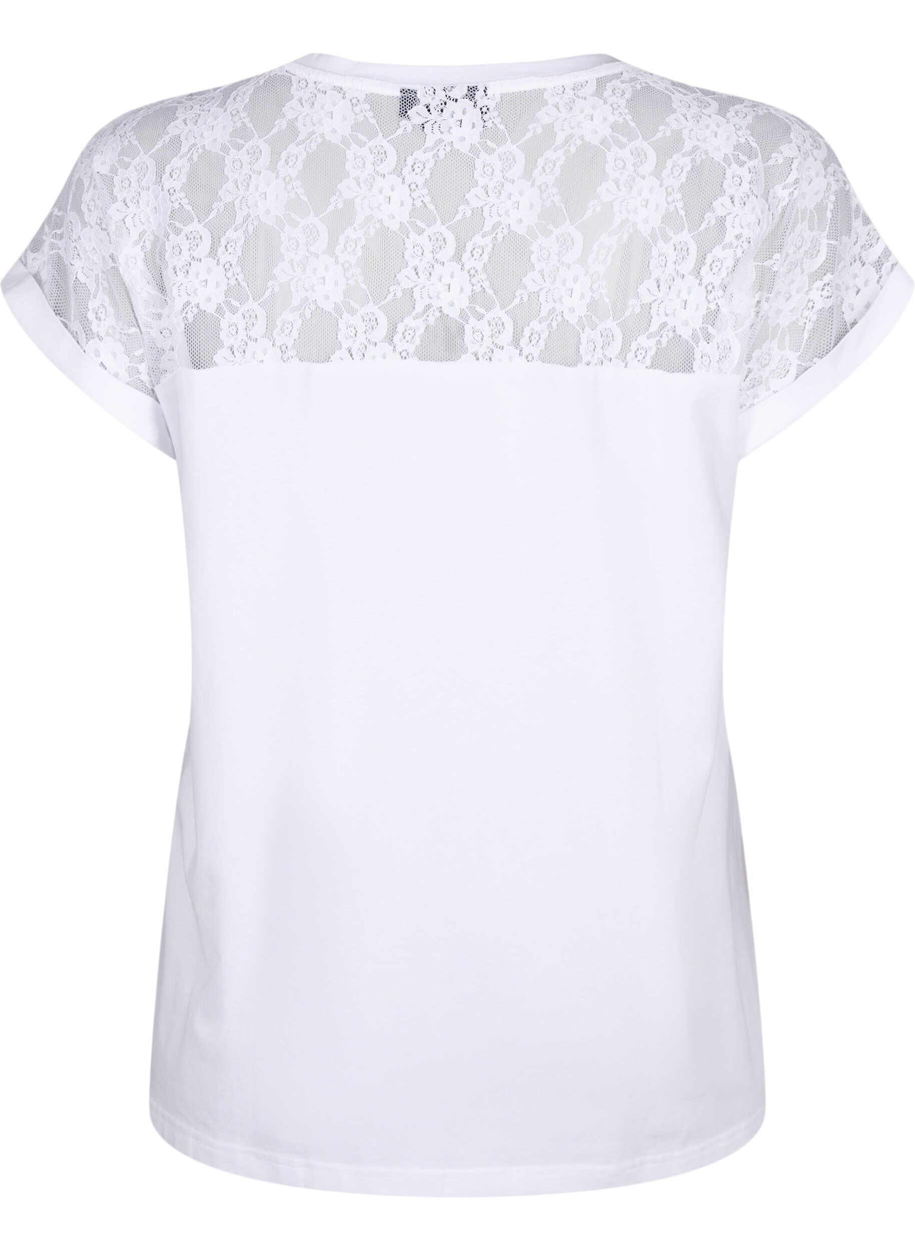 Zizzi Kort&aelig;rmet bomulds t-shirt med blonder, Bright White, Packshot image number 1