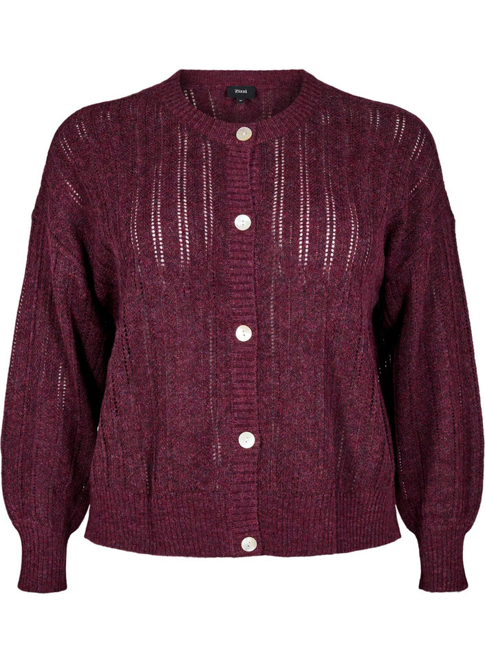 Strikket cardigan med hulm&oslash;nster, M&oslash;rk Bordeaux, Packshot image number 0