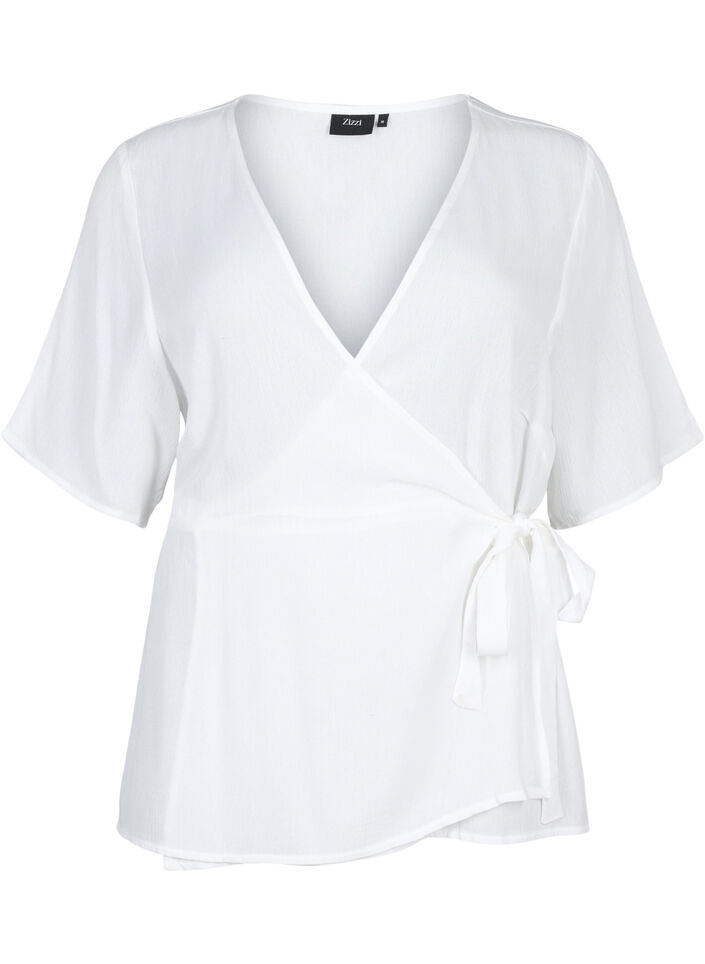 Viskosebluse med wrap, Bright White, Packshot image number 0