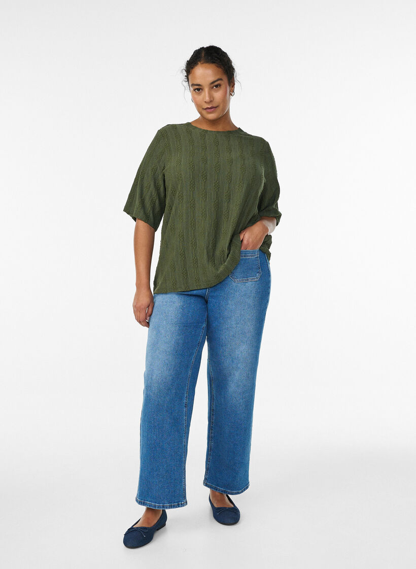 Bluse med strukturm&oslash;nster og korte &aelig;rmer, Gr&oslash;n, Model image number 1