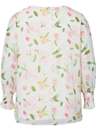 Blomstret bluse med lange ærmer og v-hals, White/Pink Flower, Packshot image number 1