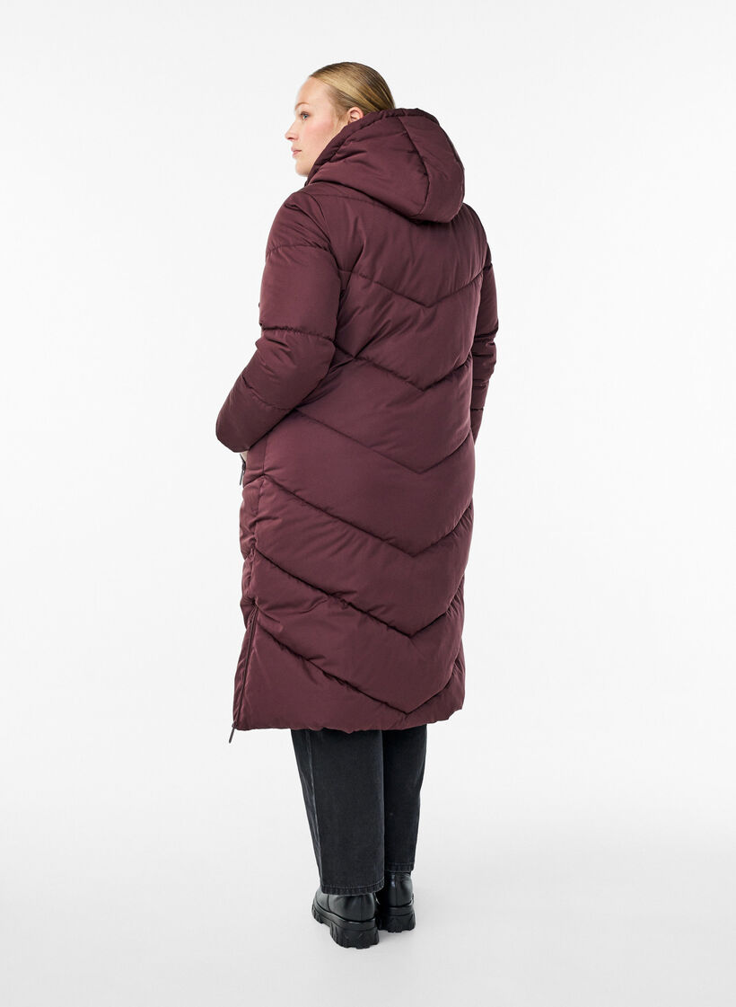 Lang pufferfrakke med h&aelig;tte og lommer , M&oslash;rk Bordeaux, Model image number 1