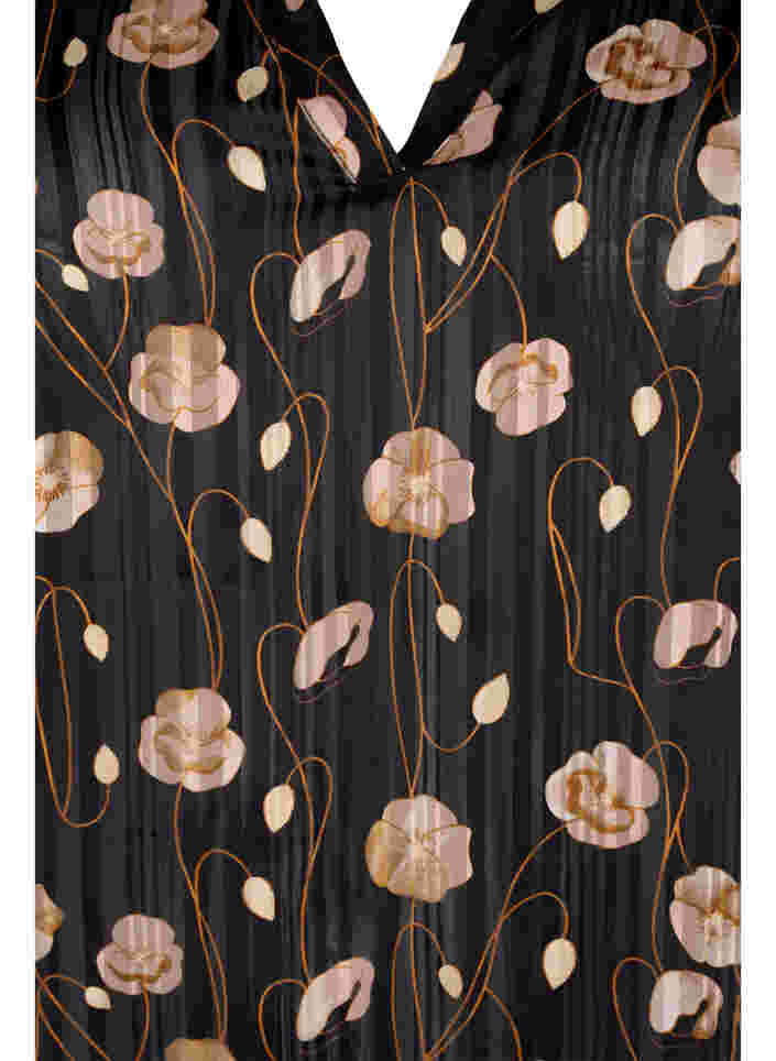 Printet bluse med smock og v-hals, Black Flower, Packshot image number 2