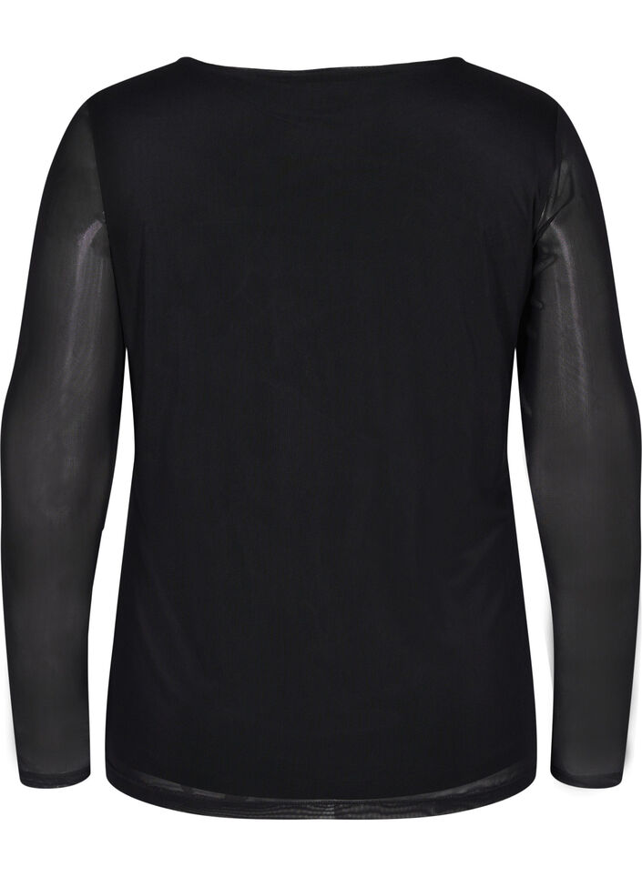 Tætsiddende meshbluse med v-hals, Black, Packshot image number 1