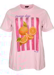 T-shirt i &oslash;kologisk bomuld med frontprint, Lyser&oslash;d