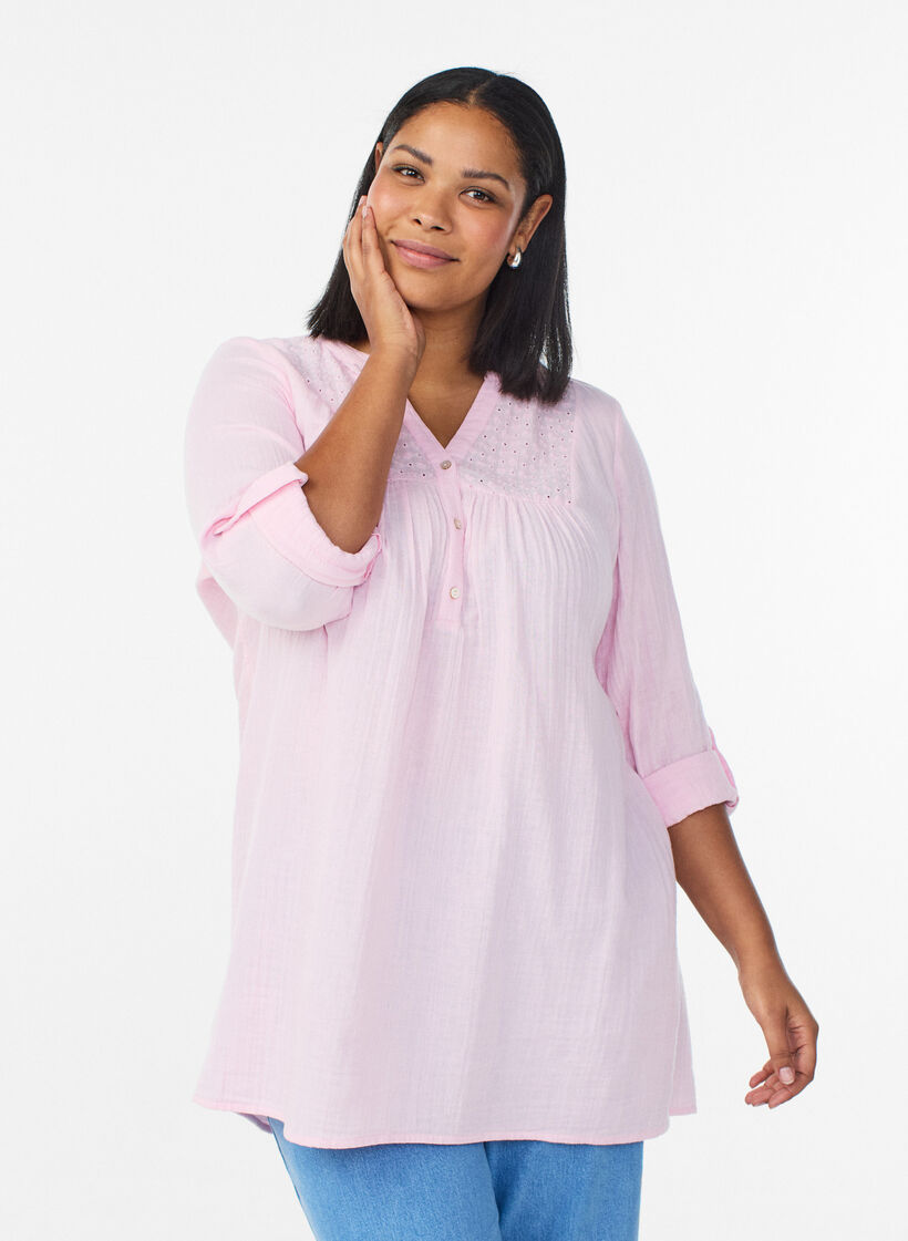 Tunika i bomuldsmusselin med broderi anglaise, Lyser&oslash;d, Model image number 0