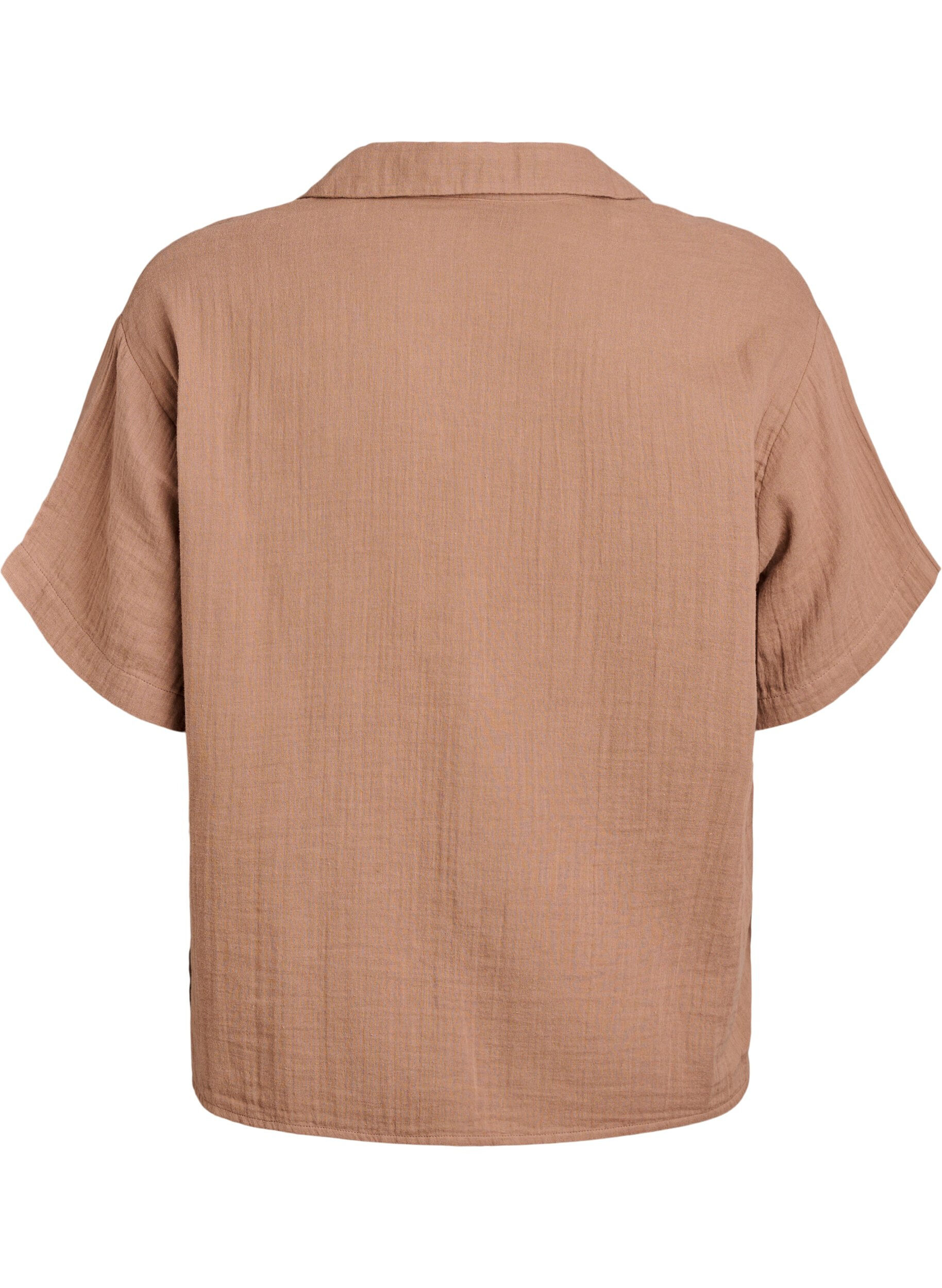 ZizziSkjortebluse i bomuldsmusselin med korte &aelig;rmer, Brun, Packshot image number 1