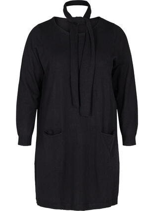 Langærmet strikkjole med lommer, Black, Packshot image number 0
