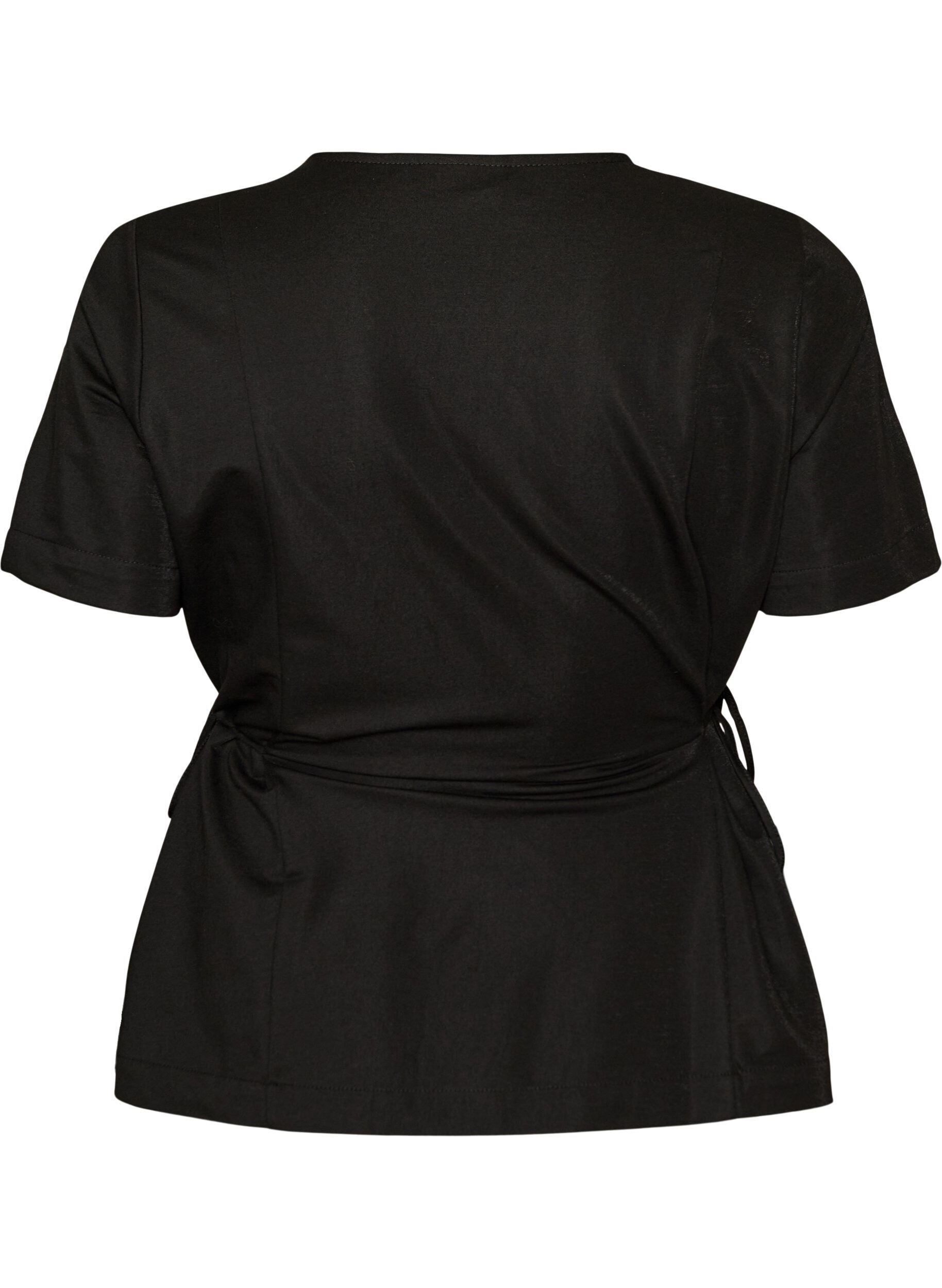 ZizziBluse i bomuldsblanding med V-hals og bindeb&aring;nd, Sort, Packshot image number 1