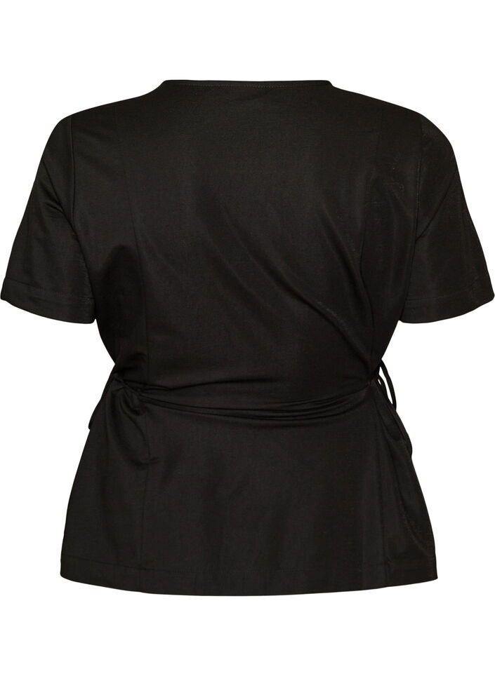Bluse i bomuldsblanding med V-hals og bindeb&aring;nd, Sort, Packshot image number 1