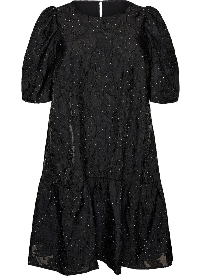 Jacquardkjole med glimtende detaljer og puf&aelig;rmer, Sort, Packshot image number 0