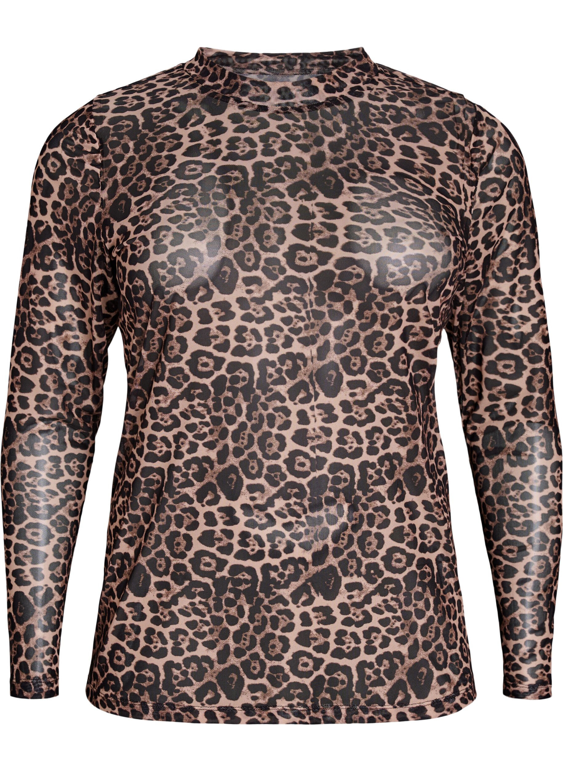 Zizzi Mesh bluse med leopard m&oslash;nster, Brun, Packshot image number 0