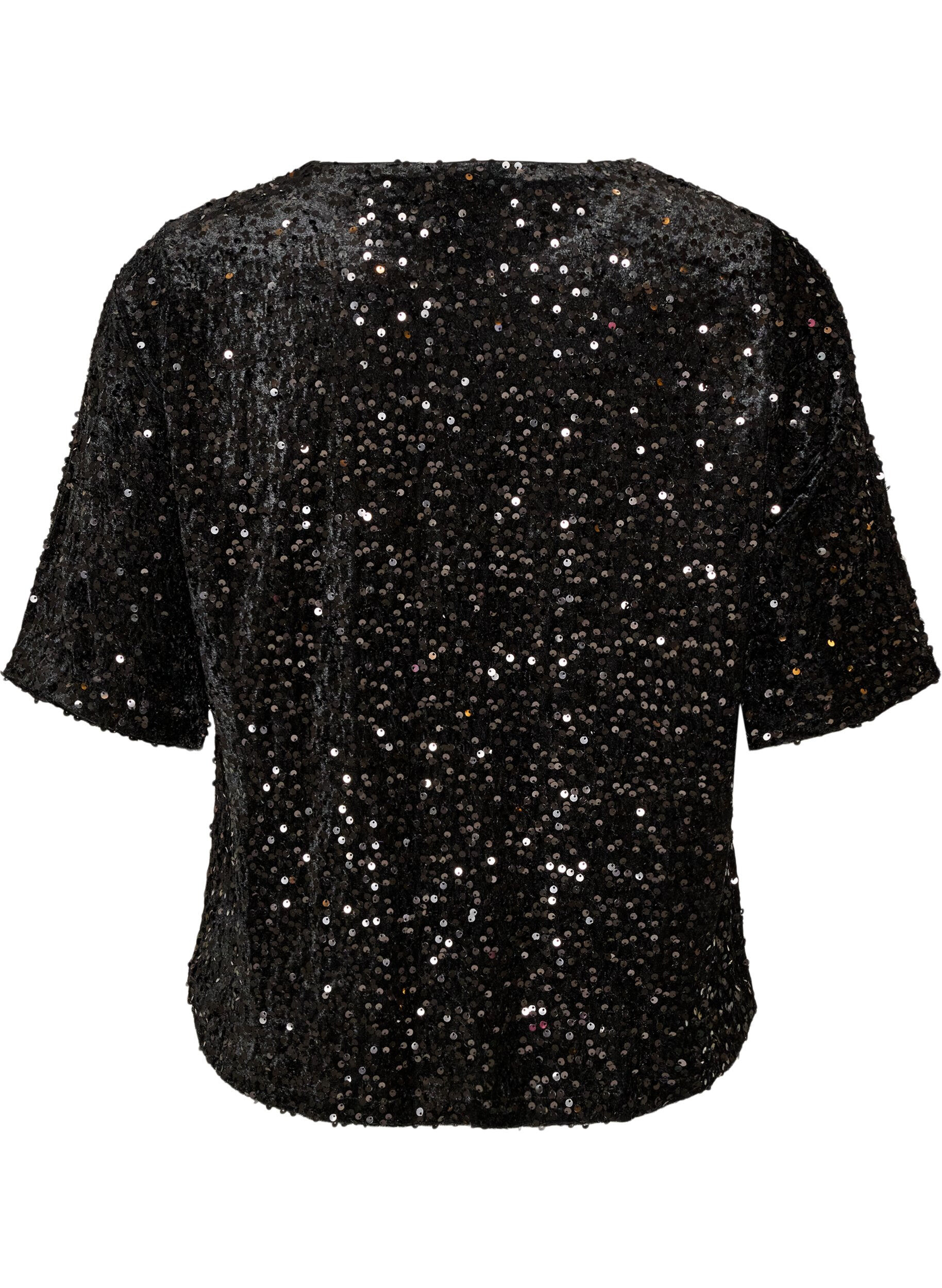 ZizziPailletbluse med albuelange &aelig;rmer, Sort, Packshot image number 1