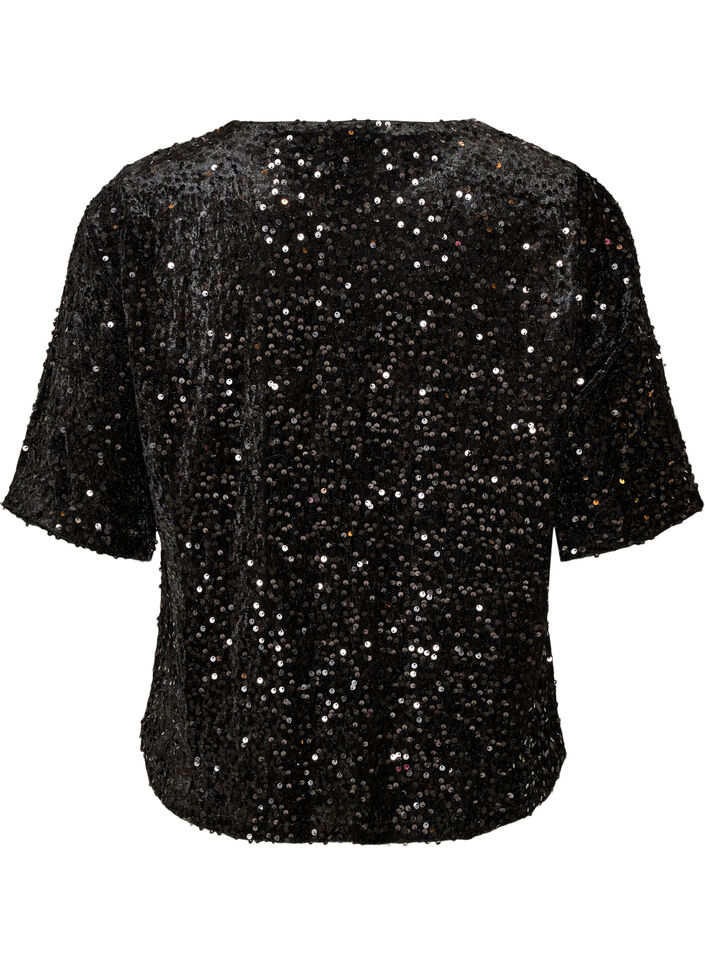 Pailletbluse med albuelange &aelig;rmer, Sort, Packshot image number 1
