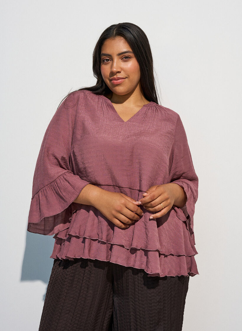 Bluse med 3/4-&aelig;rmer og fl&aelig;sedetaljer, Lyser&oslash;d, Model image number 0
