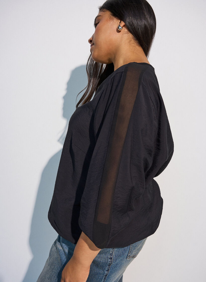 Bluse med balloneffekt og chiffondetaljer, Sort, Model image number 3