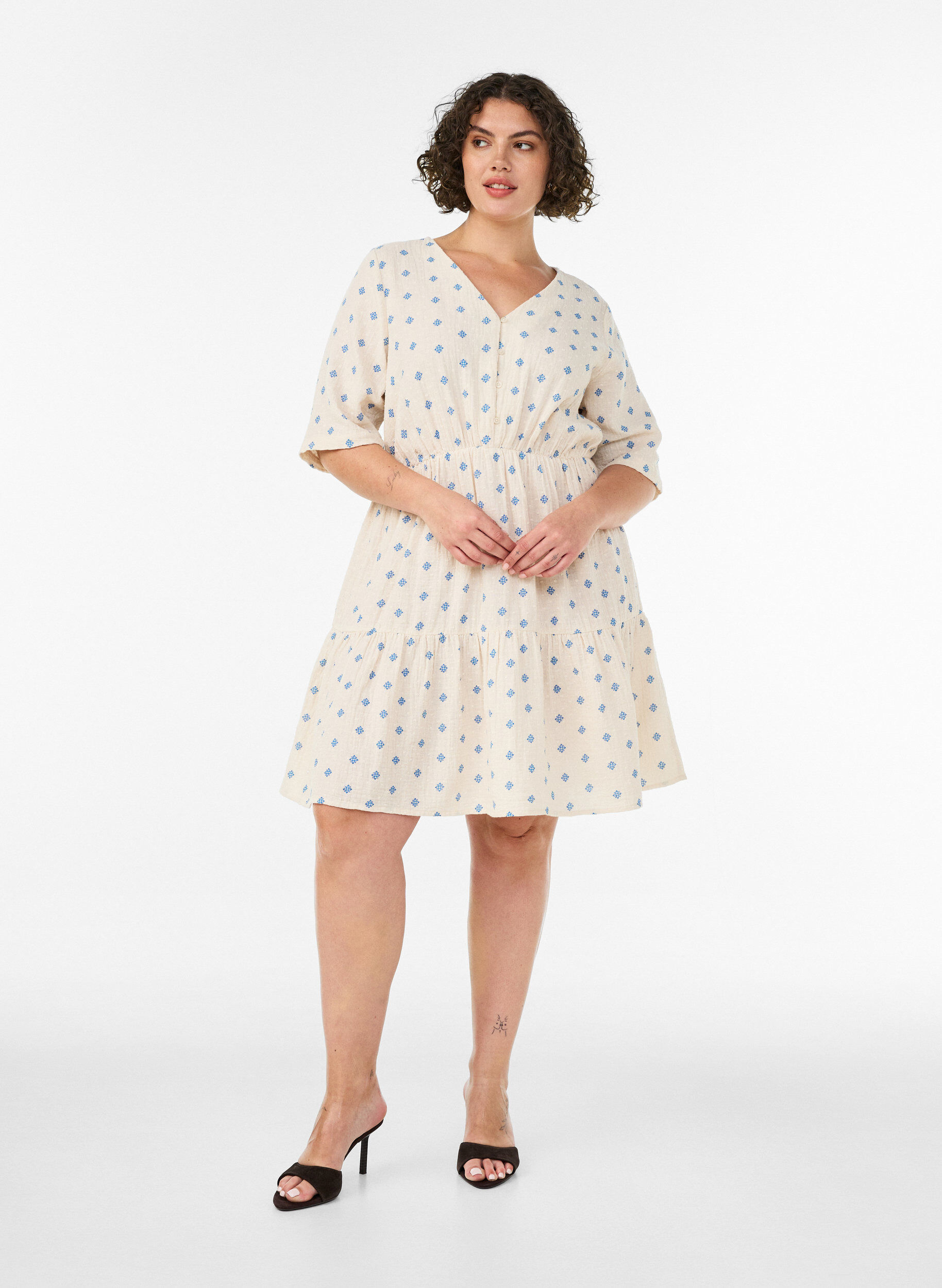 ZizziKjole i bomuld med print og elastisk talje, Beige, Model image number 1