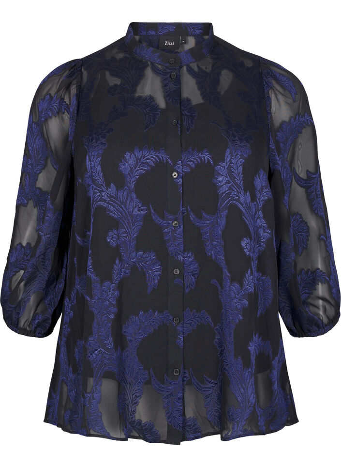 Chiffon bluse med jacquard mønster, Evening Blue, Packshot image number 0