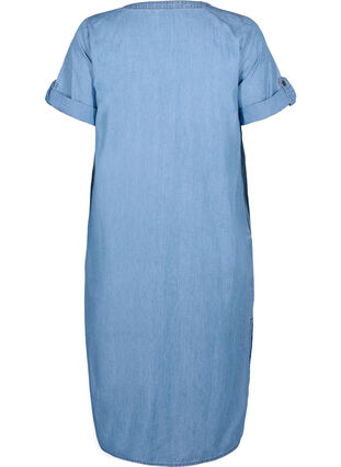 Denimkjole med slids og korte ærmer, Blue denim, Packshot image number 1