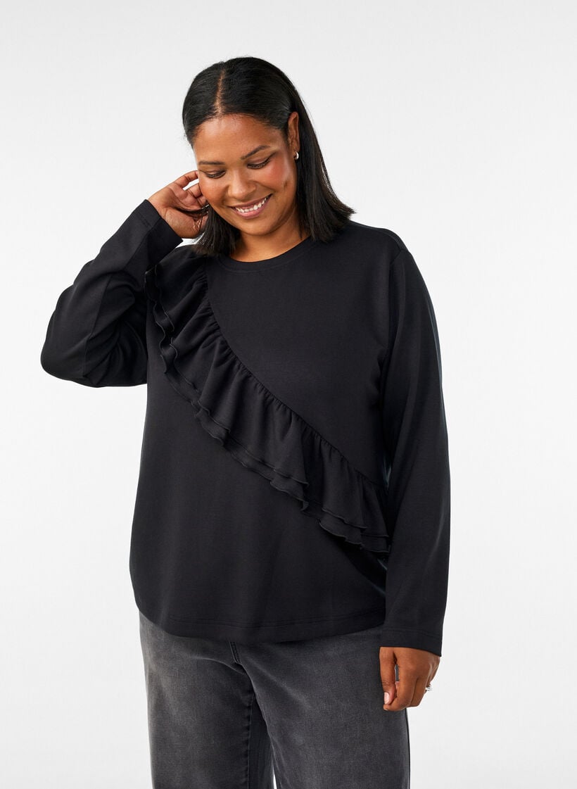 Jerseybluse med diagonal fl&aelig;sedetalje, Sort, Model image number 0
