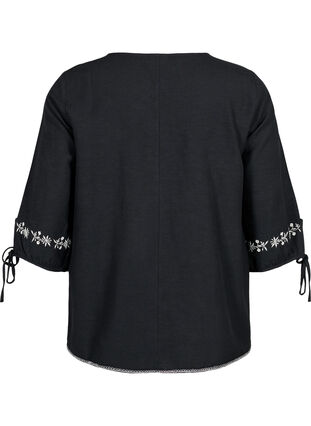 Broderet bluse i bomuldsmix med hør, Black W. EMB, Packshot image number 1