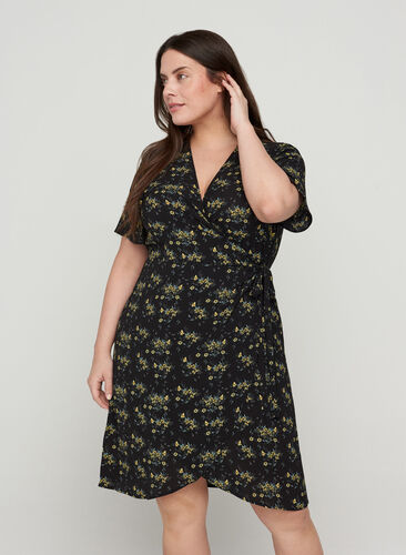 Wrap kjole i print med korte ærmer, Black Yellow AOP, Model image number 0