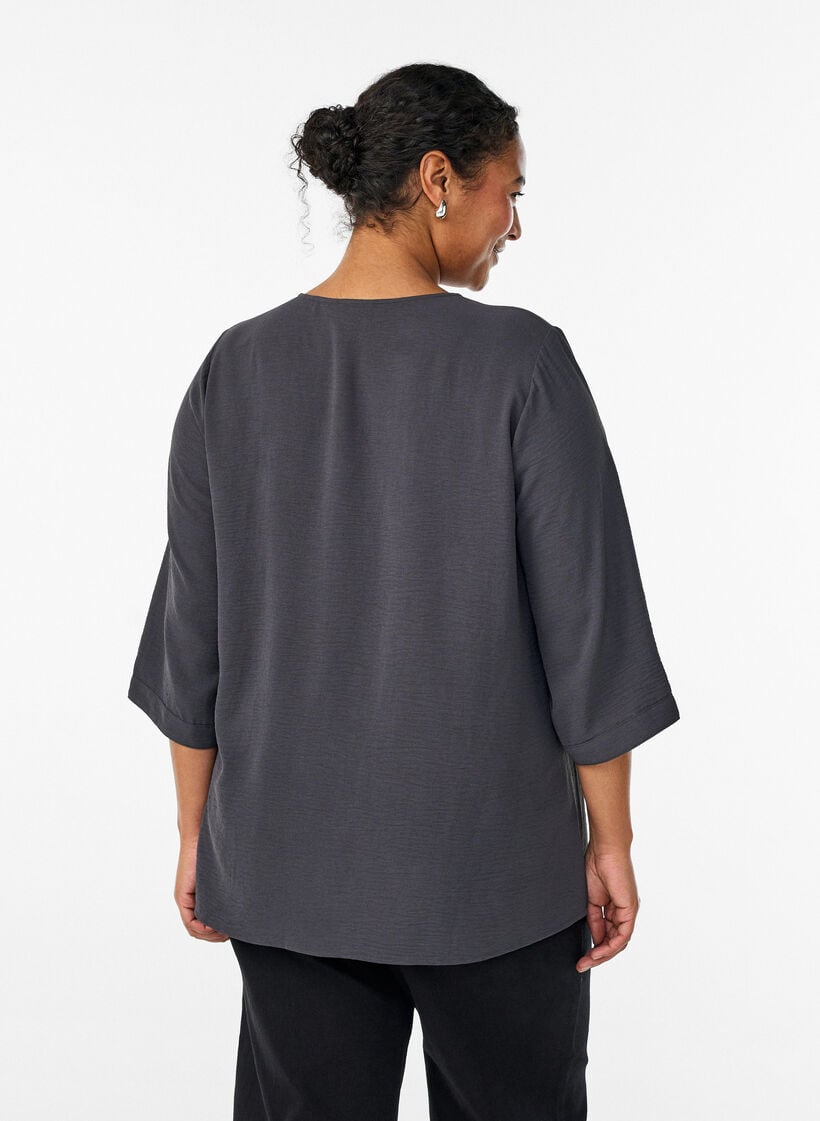 Skjortebluse med V-udsk&aelig;ring og 3/4-&aelig;rmer, Gr&aring;, Model image number 2