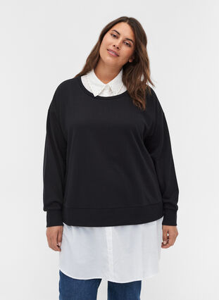 Sweatshirt med påsyet skjorte, Black, Model image number 0
