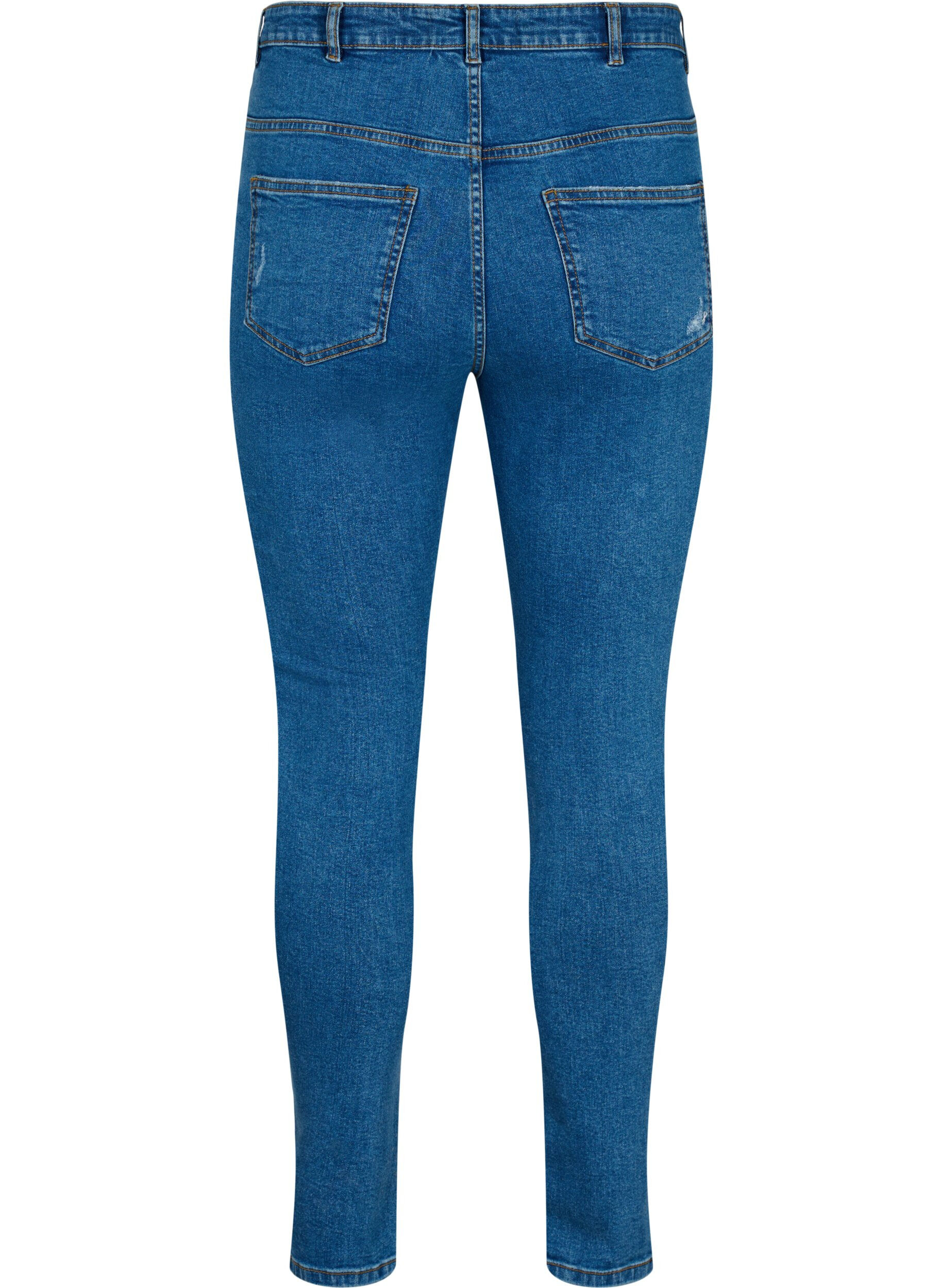 Zizzi T&aelig;tsiddende jeans med sliddetaljer, Blue denim, Packshot image number 1