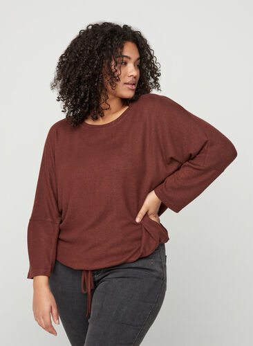 Meleret bluse med justerbar bund, Brown Melange , Model image number 0