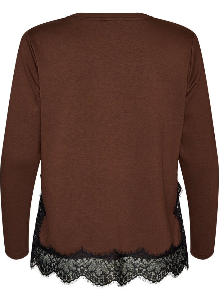 Jerseybluse med blondekant, Brun, Packshot image number 1