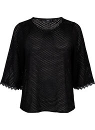 Hulstrikket top med 3/4 ærmer, Black