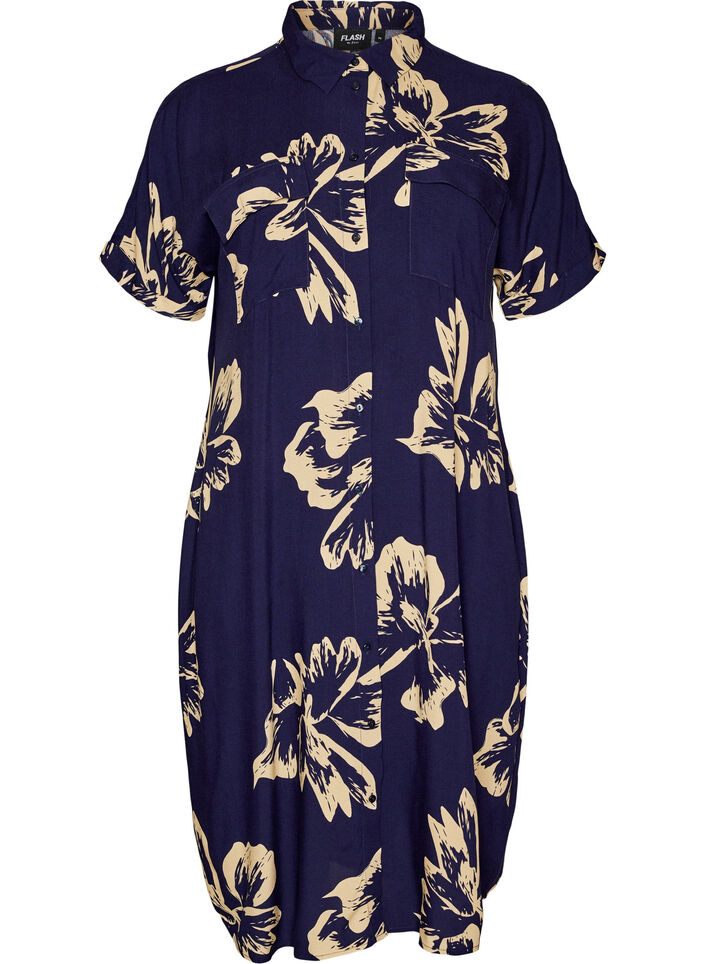 Lang skjortekjole med korte &aelig;rmer, Bl&aring;, Packshot image number 0