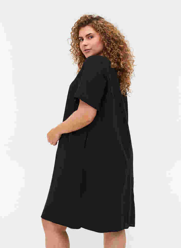 Kortærmet kjole i bomuldsmix med hør, Black, Model image number 1