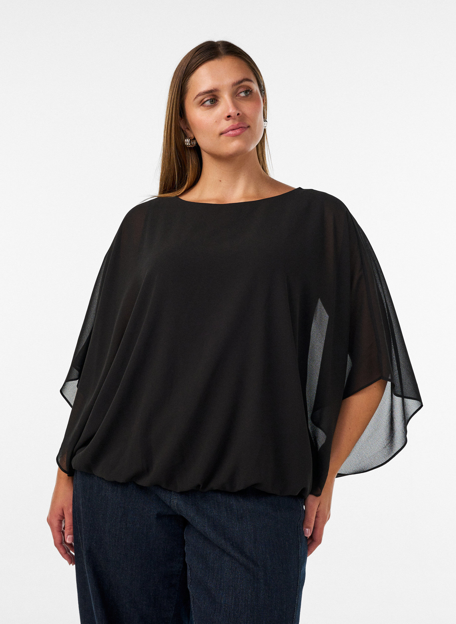 Chiffonbluse med balloneffekt, Sort, Model