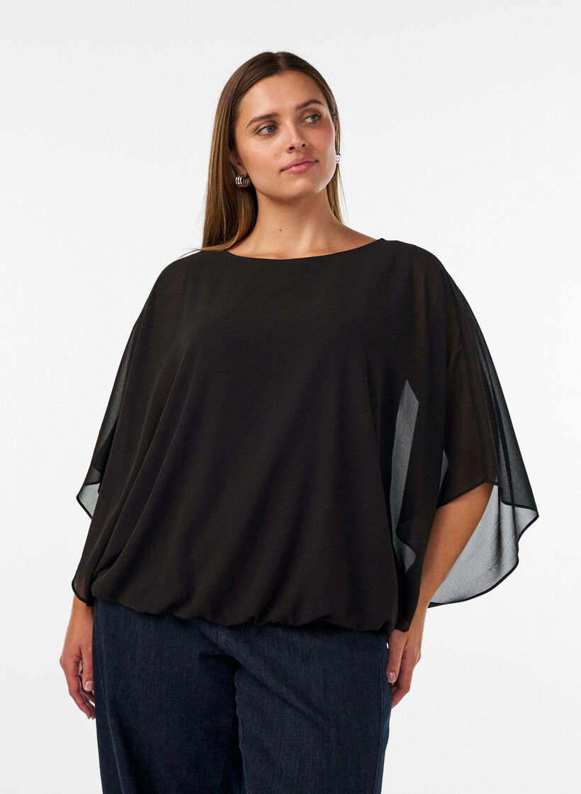 Chiffonbluse med balloneffekt, Sort, Model image number 0