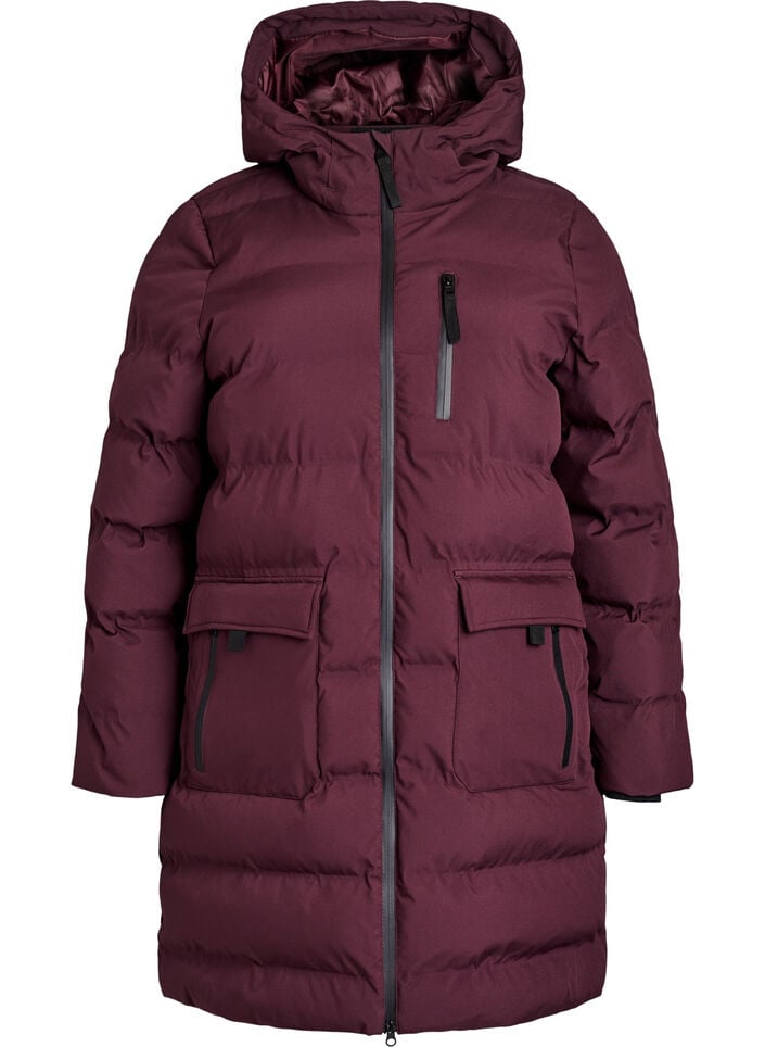 Pufferfrakke med h&aelig;tte og lommer, M&oslash;rk Bordeaux, Packshot image number 0