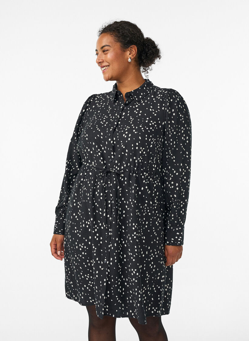 Skjortekjole med bindebånd og print, Sort, Model image number 0