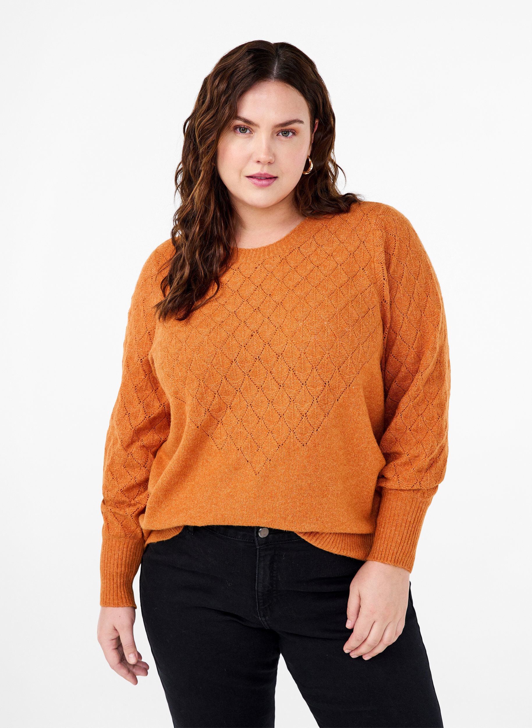 Zizzi Strikbluse med hulm&oslash;nster, Marmelade Mel., Model image number 0