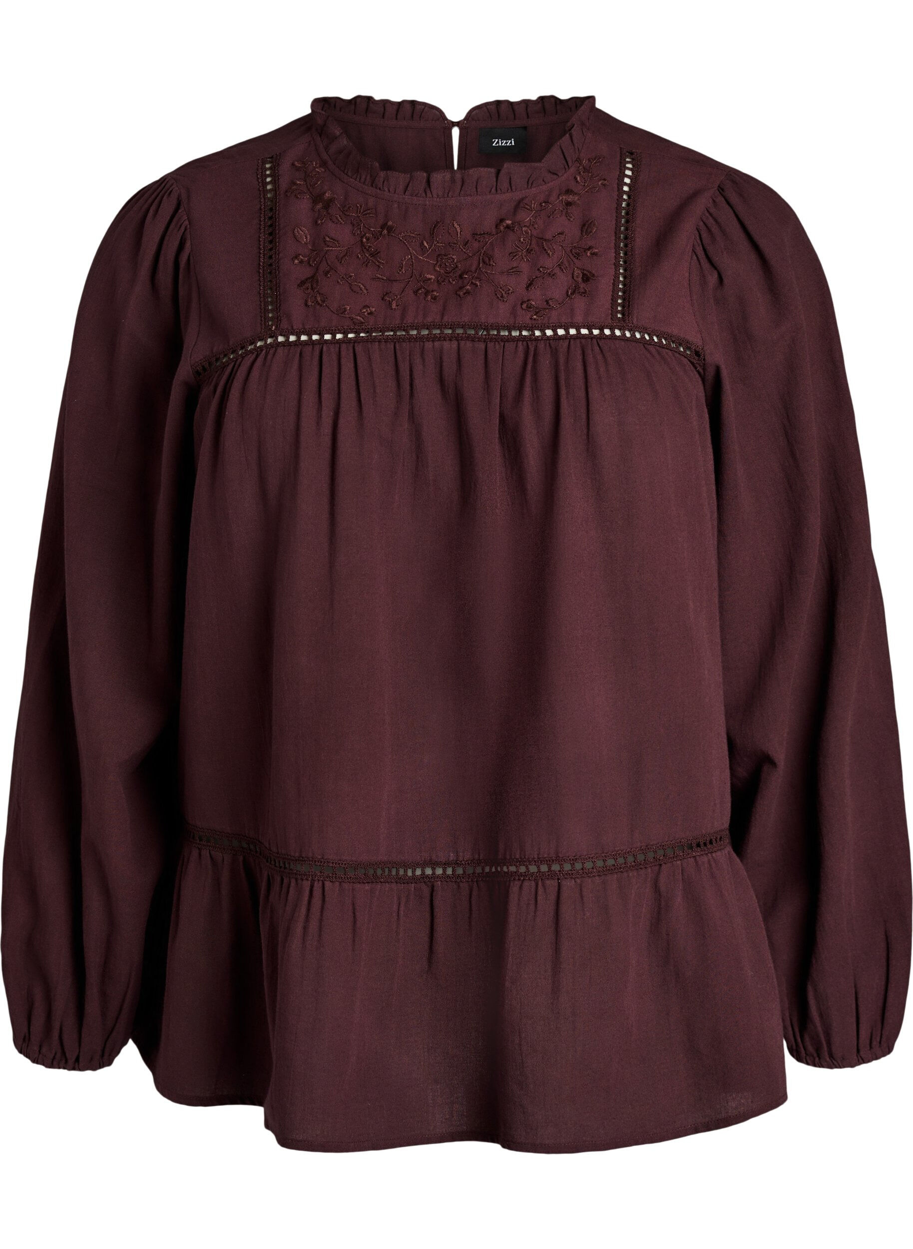 ZizziBluse med broderi og hulm&oslash;nsterb&aring;nd, M&oslash;rk Bordeaux, Packshot image number 0