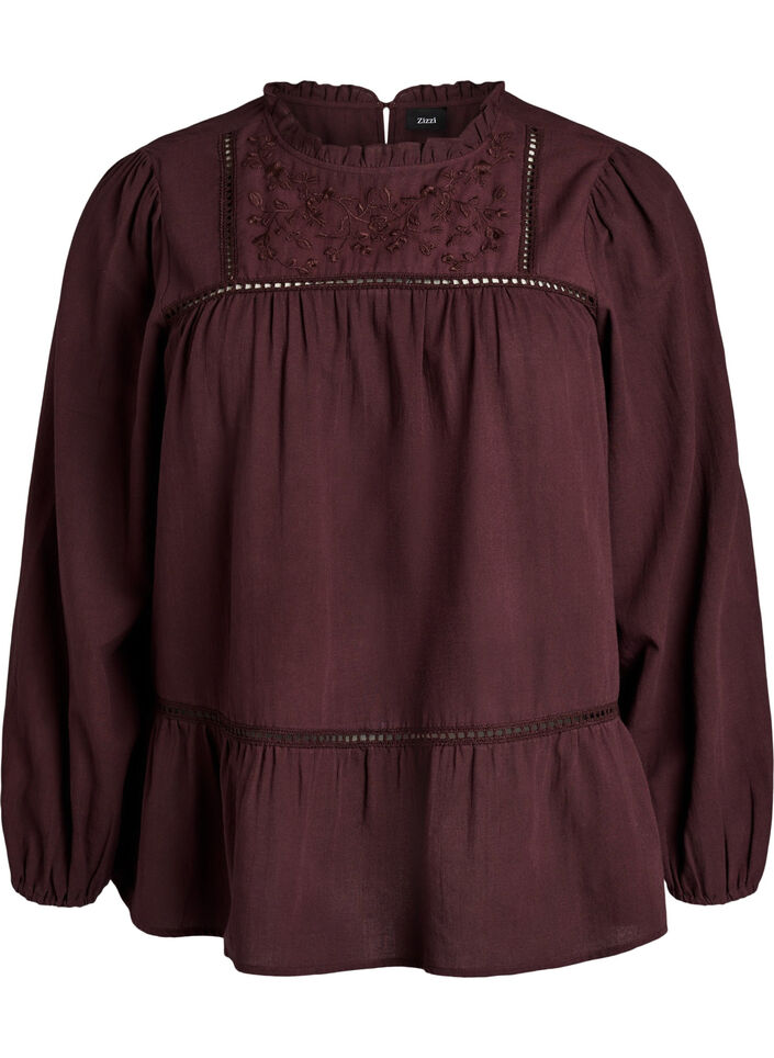 Bluse med broderi og hulm&oslash;nsterb&aring;nd, M&oslash;rk Bordeaux, Packshot image number 0