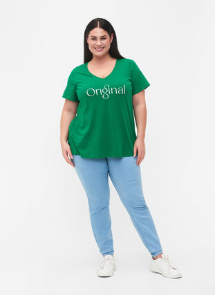 Bomulds t-shirt med teksttryk og v-hals, Jolly Green ORI, Model image number 2
