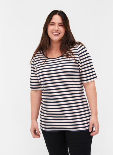 Stribet bomulds t-shirt i rib, Blue Rose Stripe, Model image number 0
