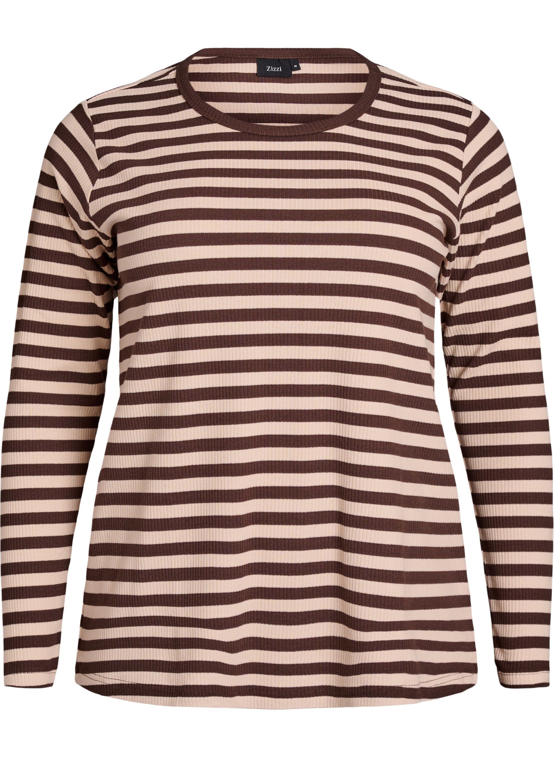 ZizziStribet bluse med lange &aelig;rmer, Brun, Packshot image number 0