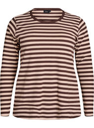 Stribet bluse med lange &aelig;rmer, Brun