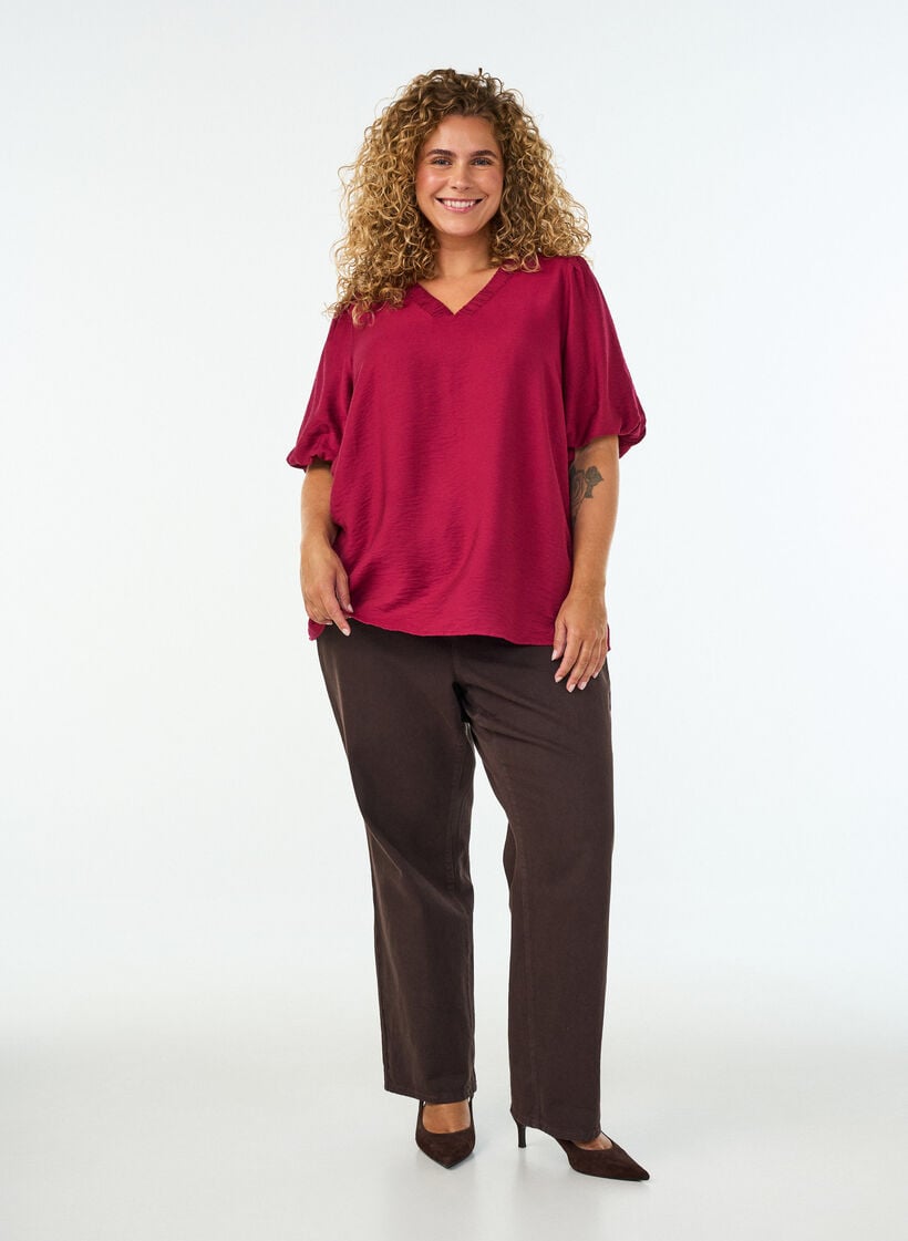 Bluse med ballon&aelig;rmer og V-udsk&aelig;ring, R&oslash;d, Model image number 1