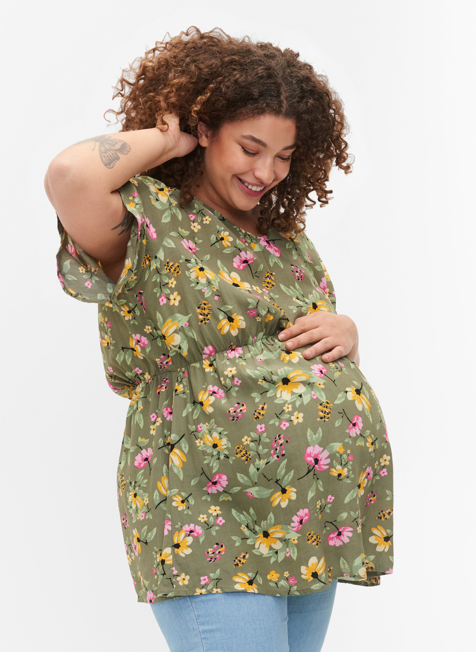 Zizzi Blomstret graviditets bluse i viskose, Green Flower Print, Model image number 0