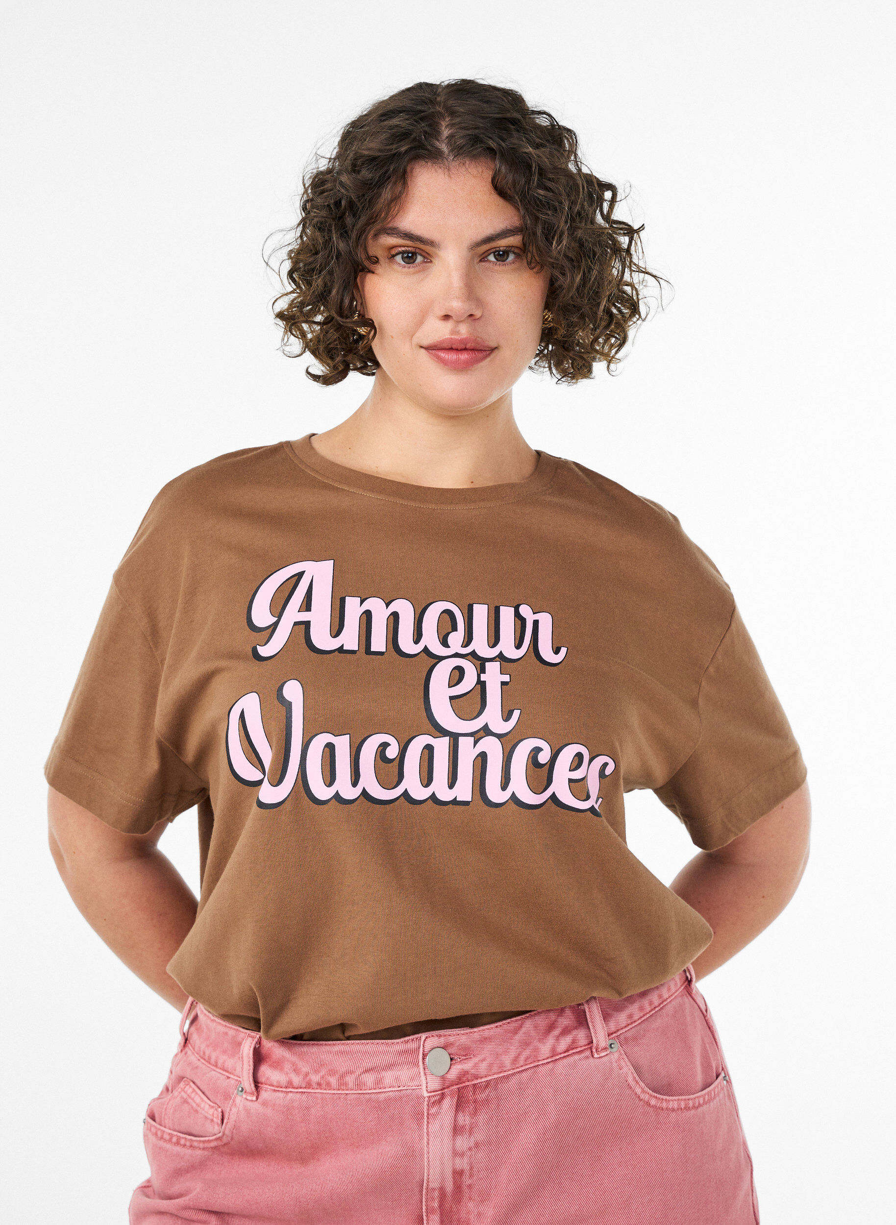 ZizziT-shirt i bomuld med korte &aelig;rmer og print, Brun, Model image number 0