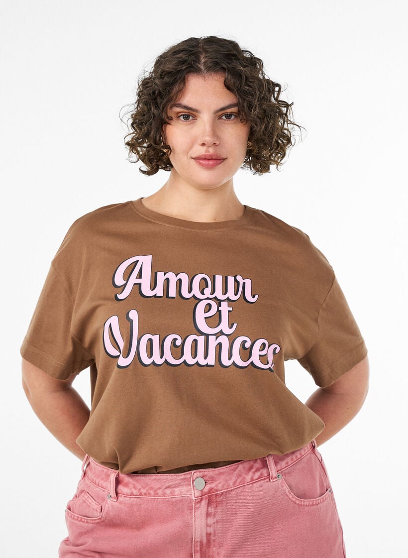 T-shirt i bomuld med korte &aelig;rmer og print, Brun, Model image number 0